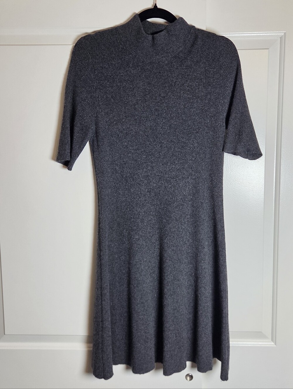White + Warren Cashmere Sweater Dress Mock Neck Short Sleeve Ribbed Knit Gray - Picture 2 of 8